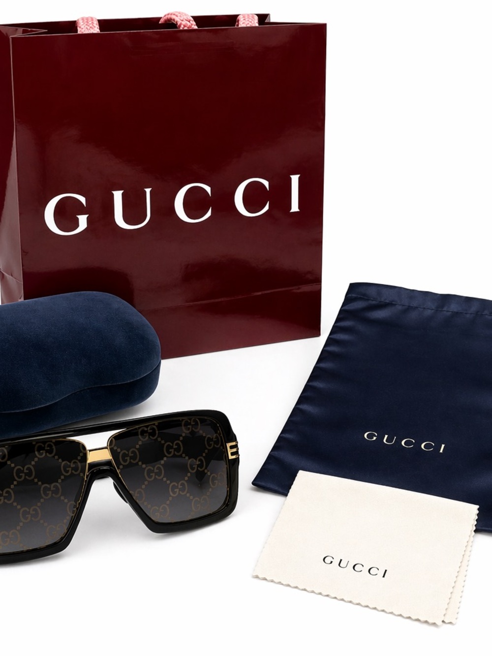Gucci Square GG Motif Sunglasses - FULL BOUTIQUE SET - Pristine